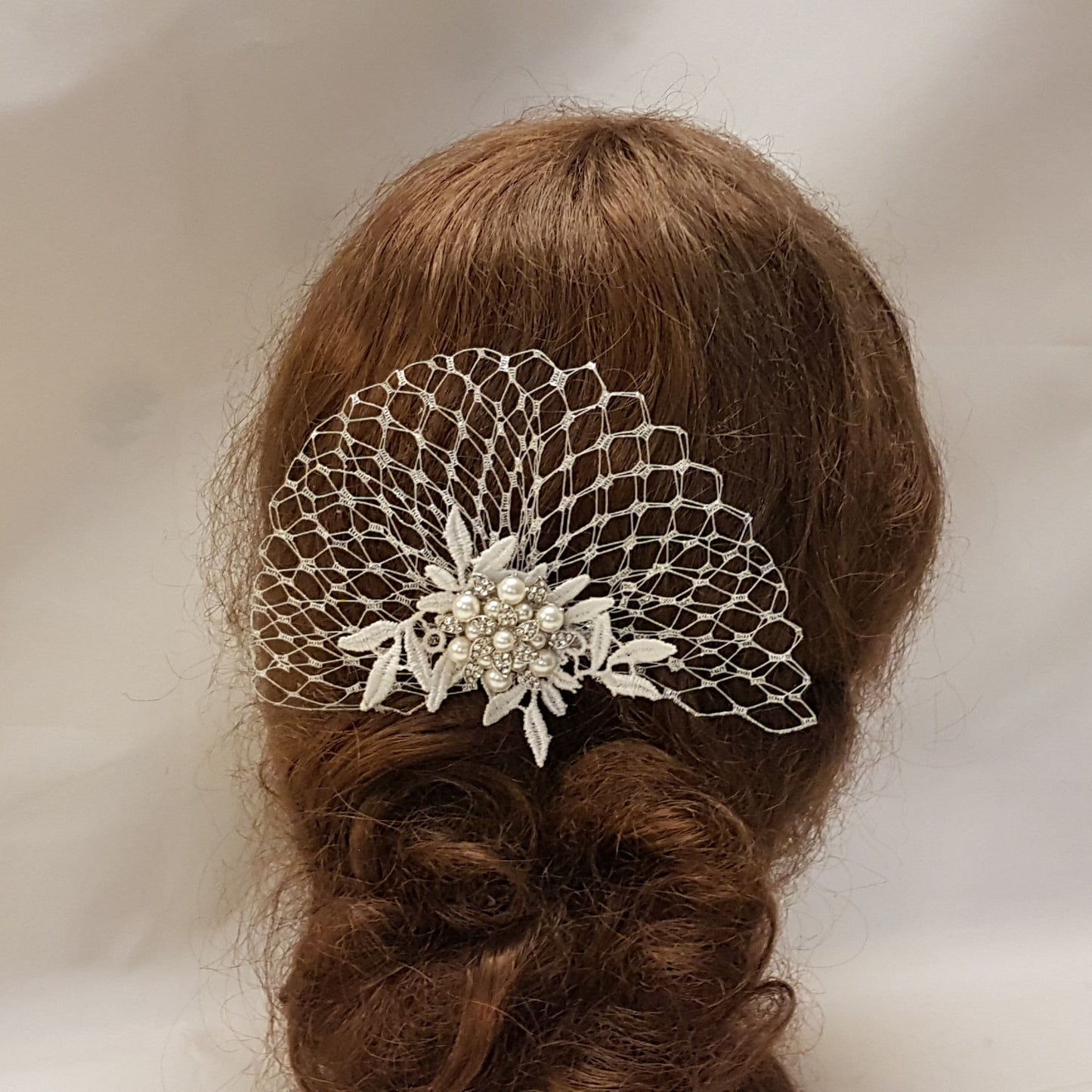 Bridal Hair Clip, Bridal Metalic SILVER French netting Hair Piece, Wedding Hair Accessory,Bridal Hair comb with leaf motif and crystal jewel