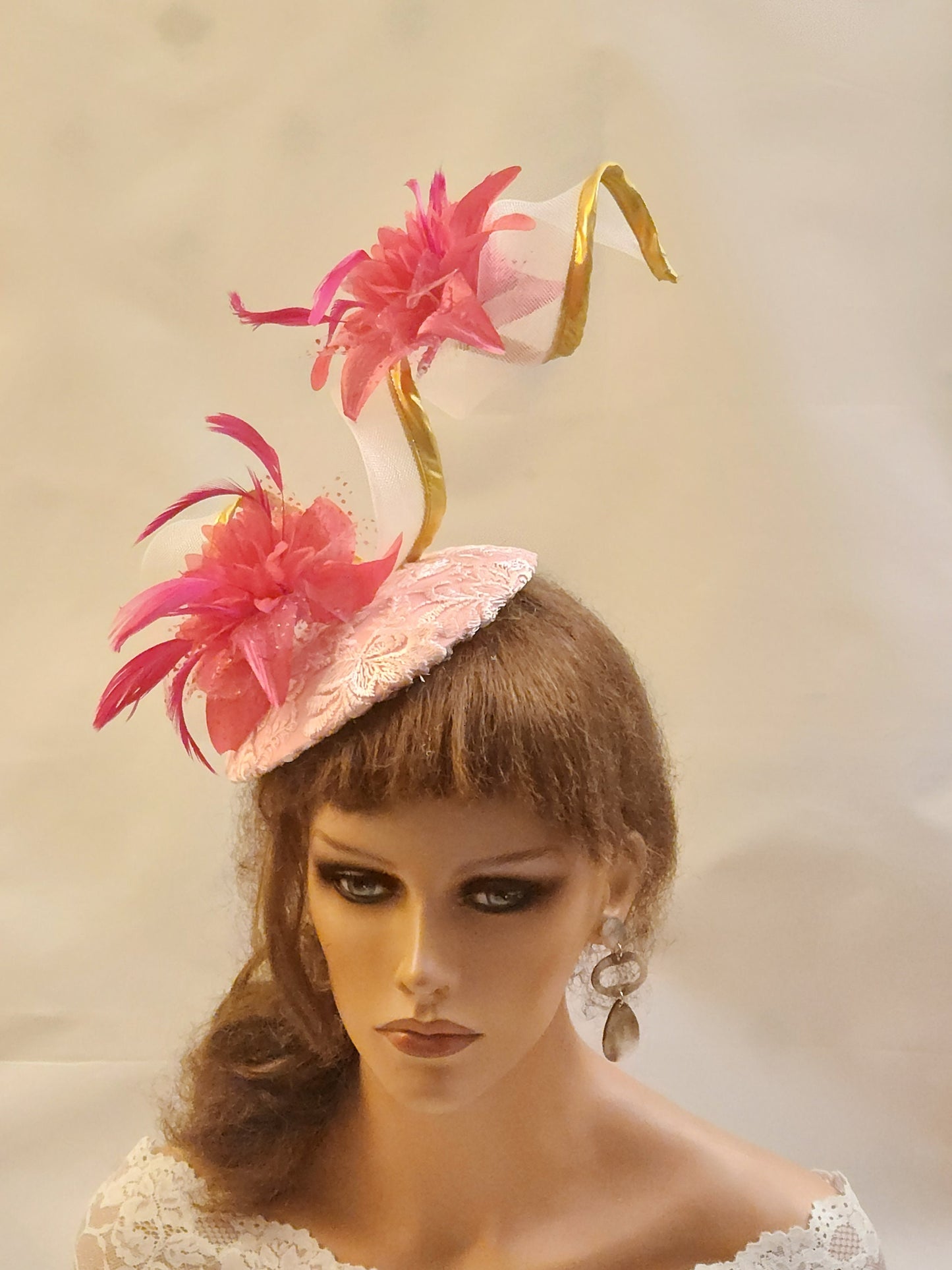 PINK HAT FASCINATOR with Gold edge swirl Wedding.Kentucky derby,Ascot hatiinator