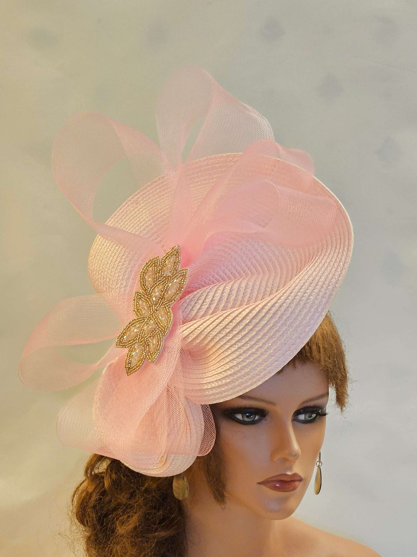 LargeBlush Pink Wedding Hat Fascinator pink fascinator hat with crinoline bows and crystal embellishments, ideal for weddings and special occasions.