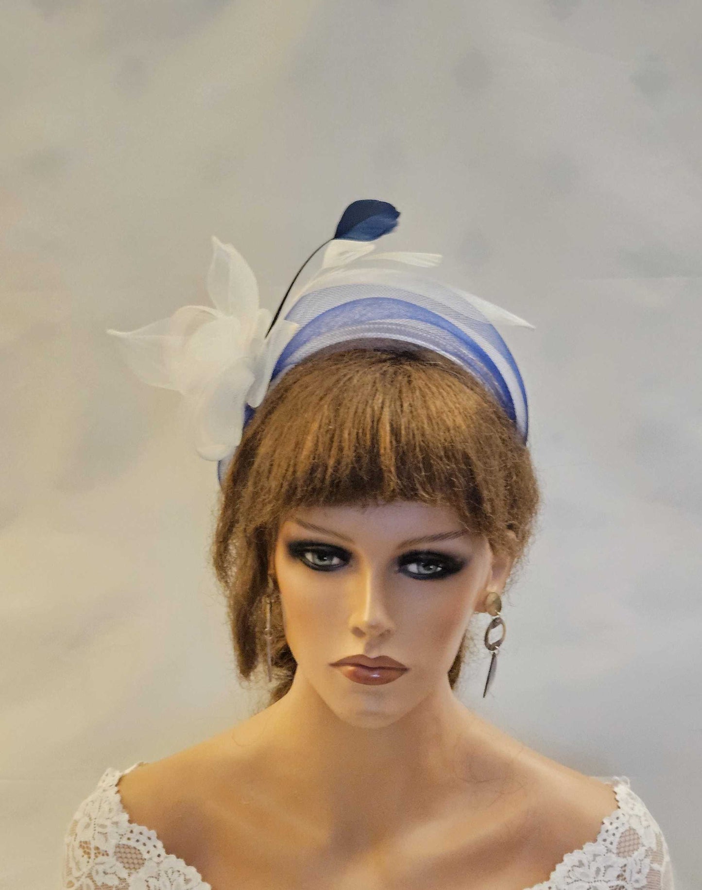 WHITE & NAVY Blue Crinoline HEADBAND Fascinator.Race,TeaParty, headpiece. Wedding guest,Mother of Bride Headdress
