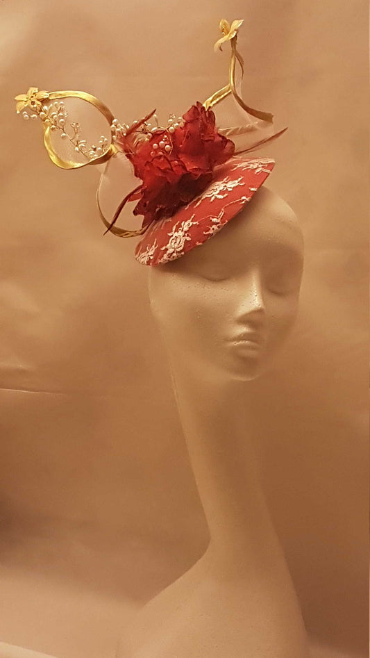 Fascinator hat, Wedding, Kentecy derby, Royal Ascot hat, RED Feather fascinator hat, GOLD edge Swirl  Ladies Hat with Crystal Pearl Vine