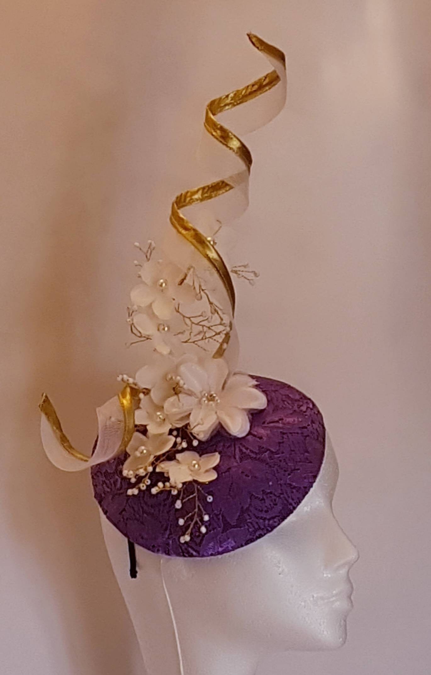 PURPLE & GOLD Fascinator Hat 40s 50s Hat fascinator #Gold edge swirl hat fascinatorWedding, Race,Cocktail hat Ladies Ascot hat Purple hat