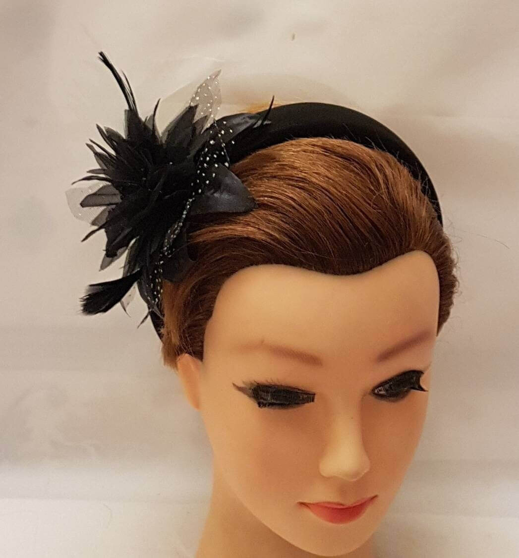 BLACK Feather Flower SUEDE Padded Headband Fascinator Headpiece Halo Padded Hair Crown Races Wedding Prom
