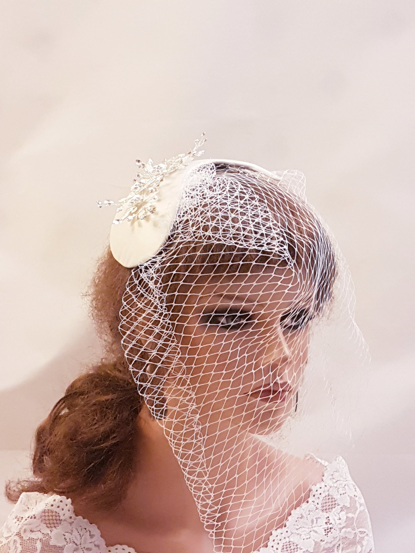 Bridal birdcage veil hat fascinator with crystals and pearls