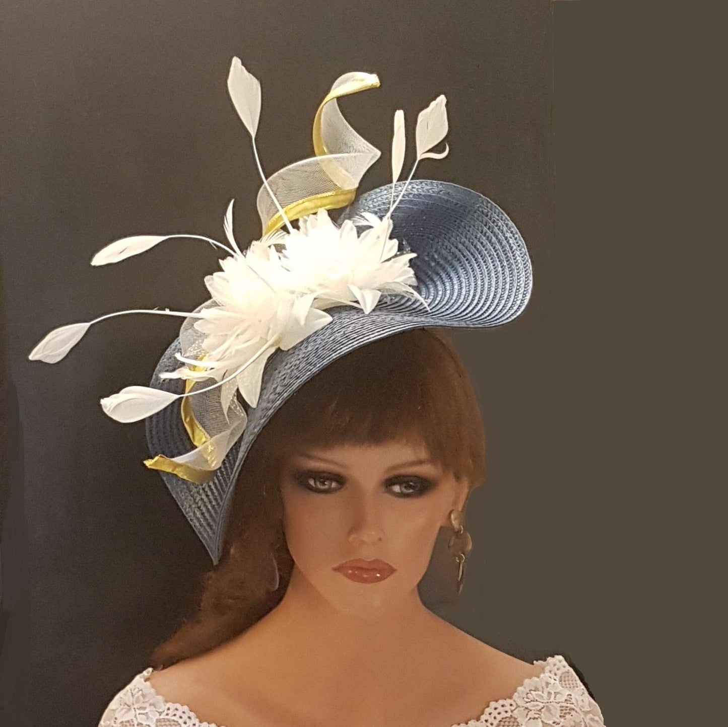 NAVY & WHITE Fascinator hat Silver or Gold edge crinoline swril Floral Hatinator