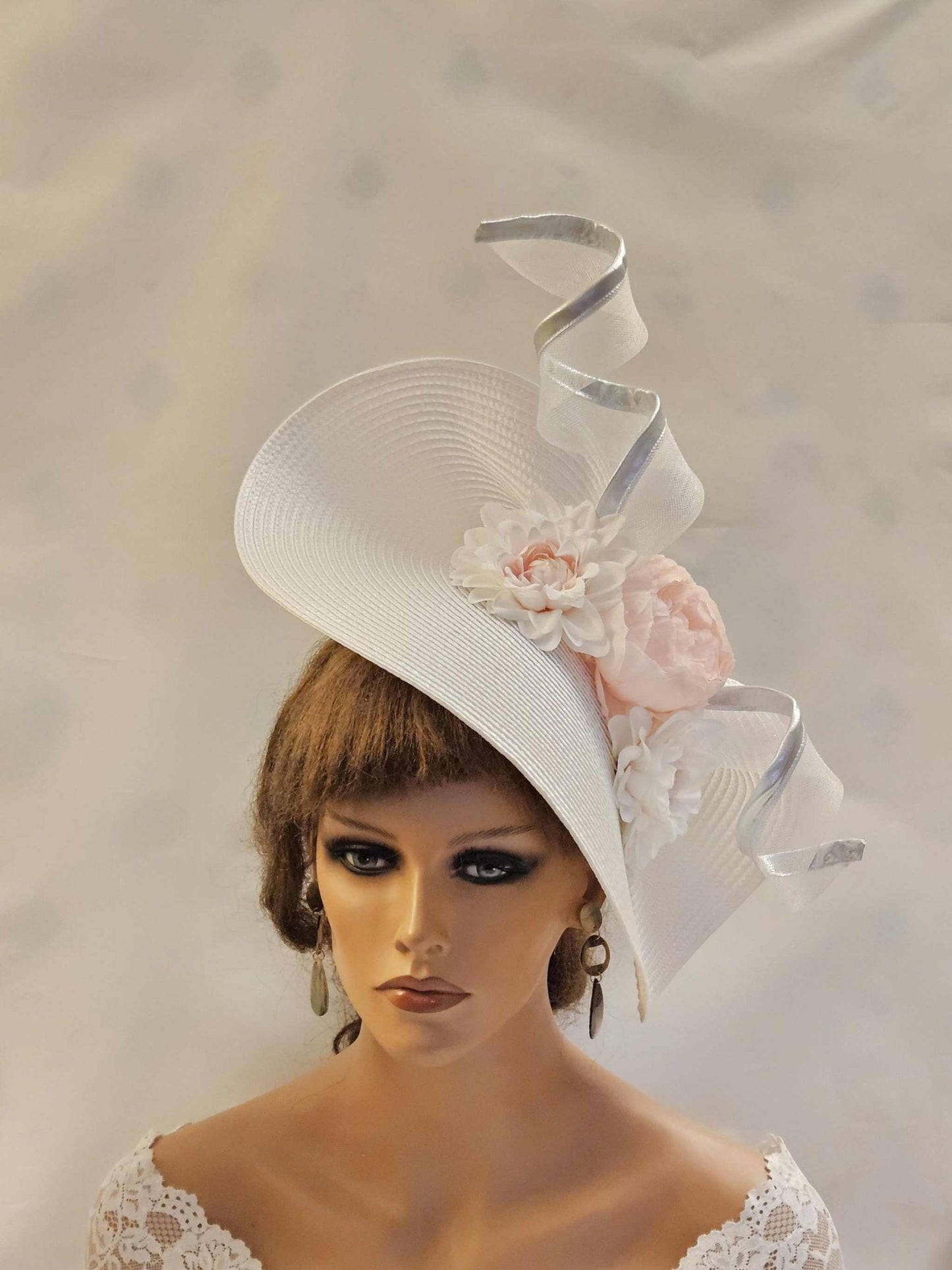 Hats & Fascinators for Mother of the Bride White & Pink large Hat