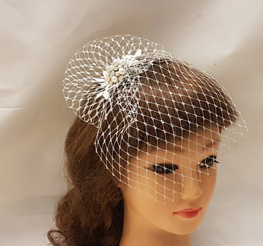 Birdcage Veil Bridal Blusher 1920s Boho Gatsby Wedding Crystal HAIRCOMB & METALIC SILVER Veil  fascinator Headpiece  with Mini French veil