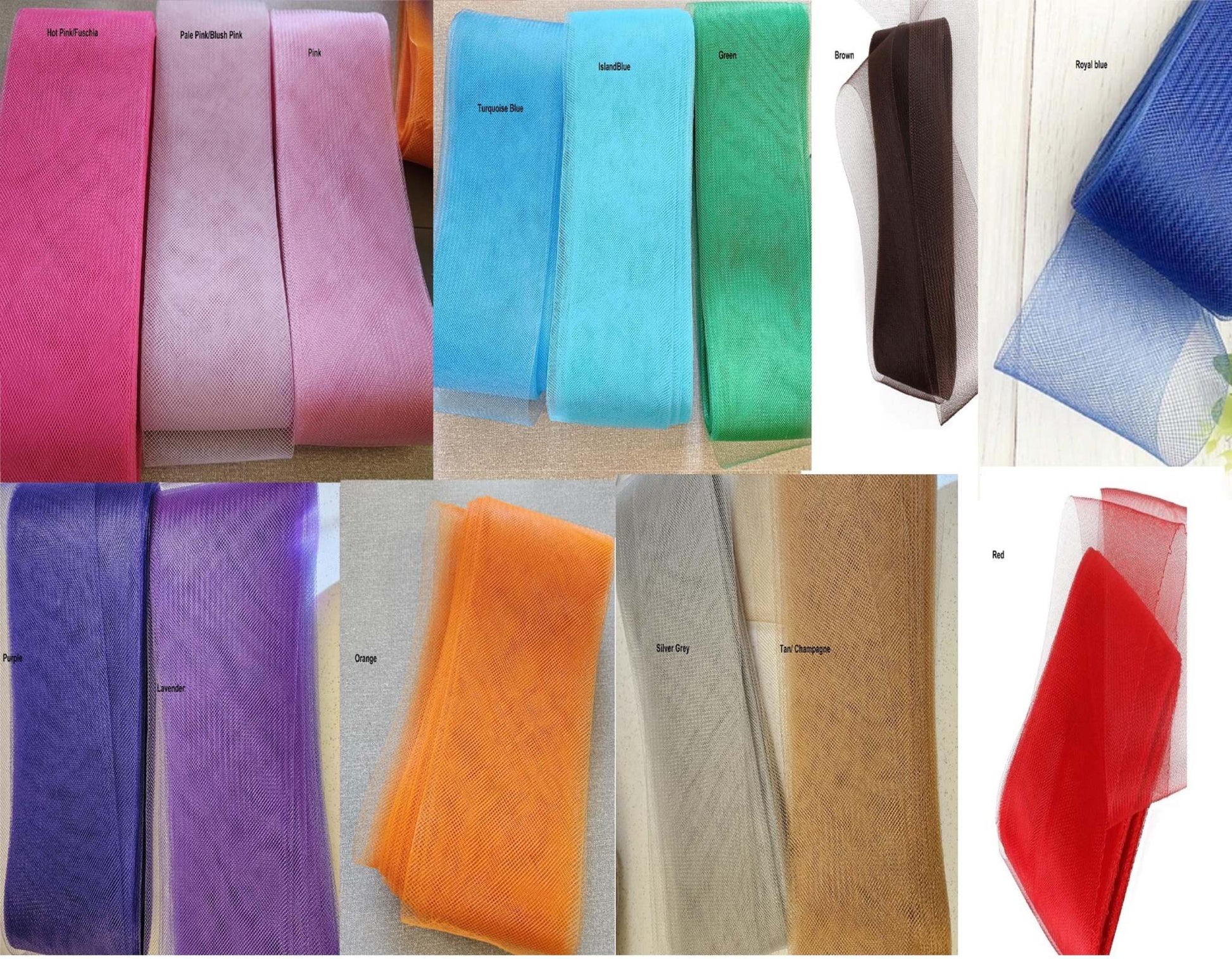 Various colored tulle ribbons, including shades like hot pink, turquoise blue, mint blue, green, royal blue, and more for creating fascinators.