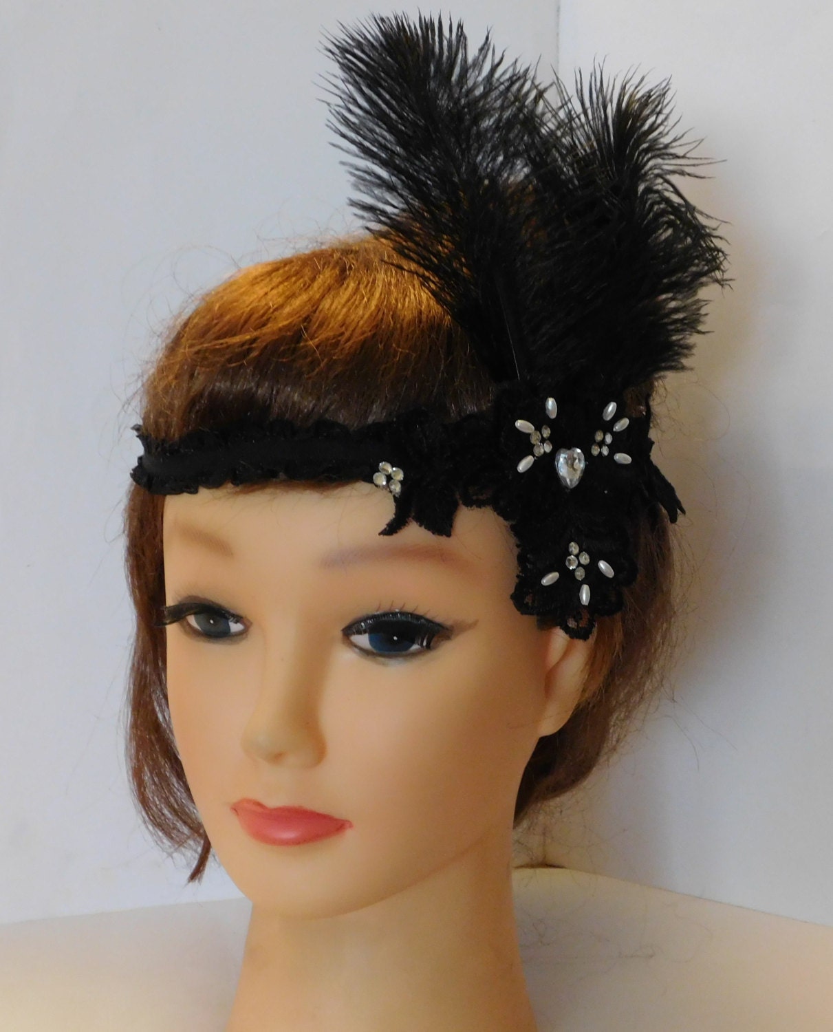 Great Gatsby Headband, Flapper Dress fascinator, Black Headpiece, 1920 Headband, crystal & Pearls Feather Fascinator, Black Boho headpiece