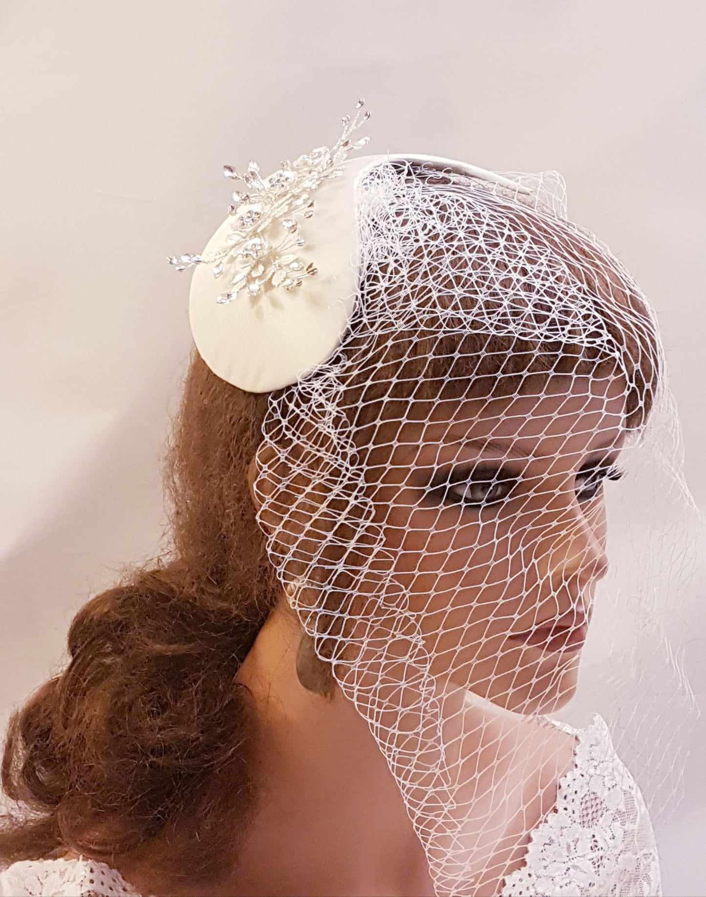 Bridal birdcage veil hat fascinator with crystals and pearls