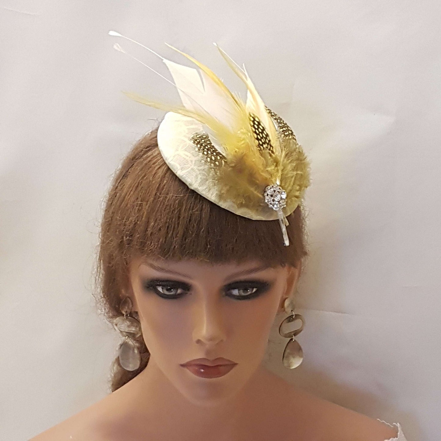 SAGE GREEN Fascinator with Spotty Mustard gold feathers and White feathers Church Ascot Wedding TeaPartyCocktail Ladies day hat fascinator