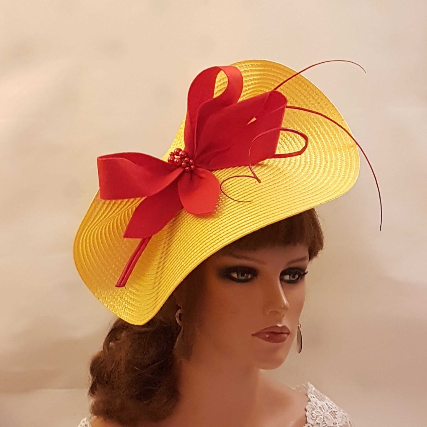 YELLOW & RED facinator Hat Large saucer hatinator long quil Floral Church Derby Ascot Wedding TeaParty hat Mother of Bride/Groom Hatinator