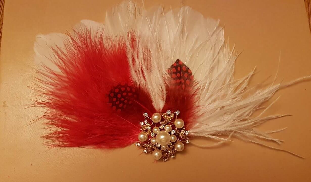 Feather Hair Clip Gatsby Feather Fascinator Feather Hair Piece,Wedding Hair Accessory Gold tone jewel Red feather fascinator Cocktail clip