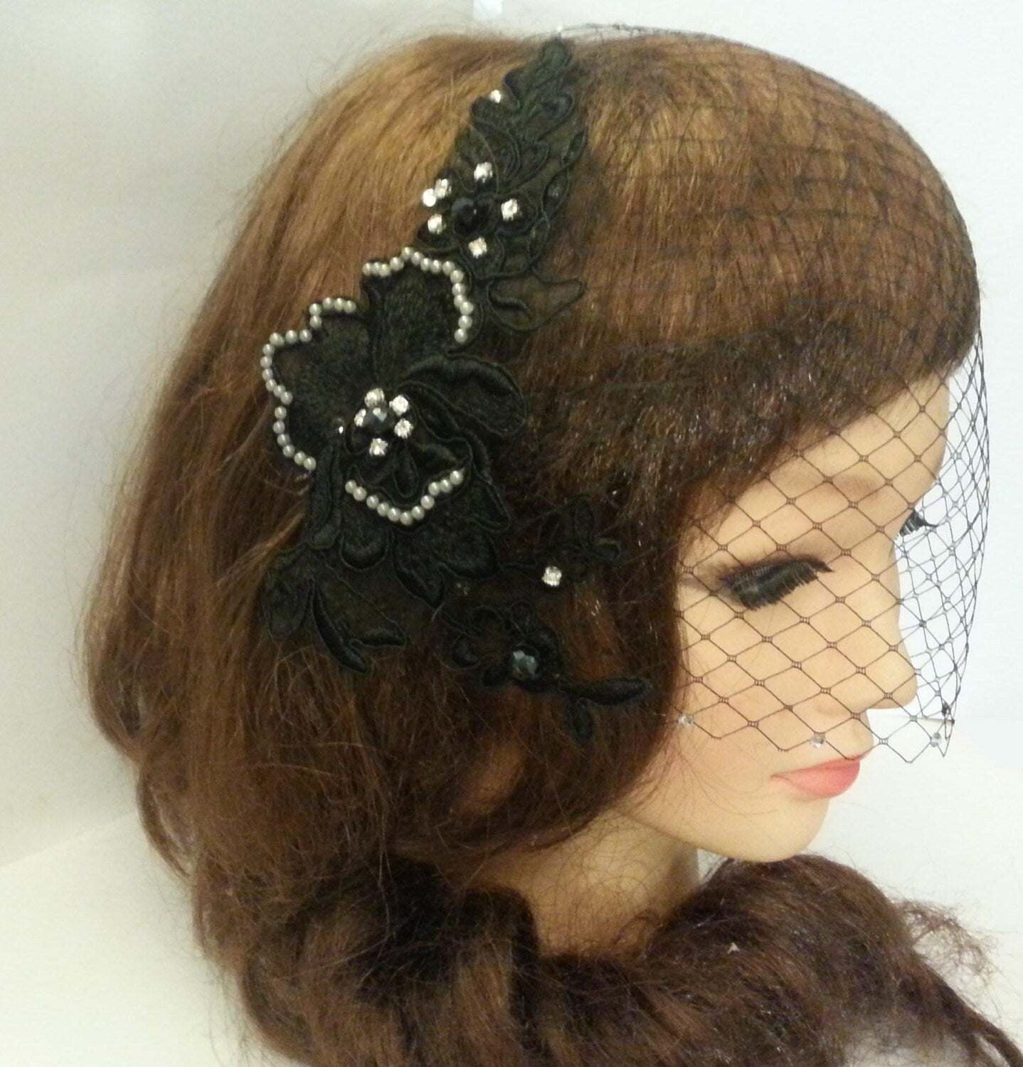 Ladies black birdcage veil with pearls flower motif lace fascinator and 9 inch blusher veil