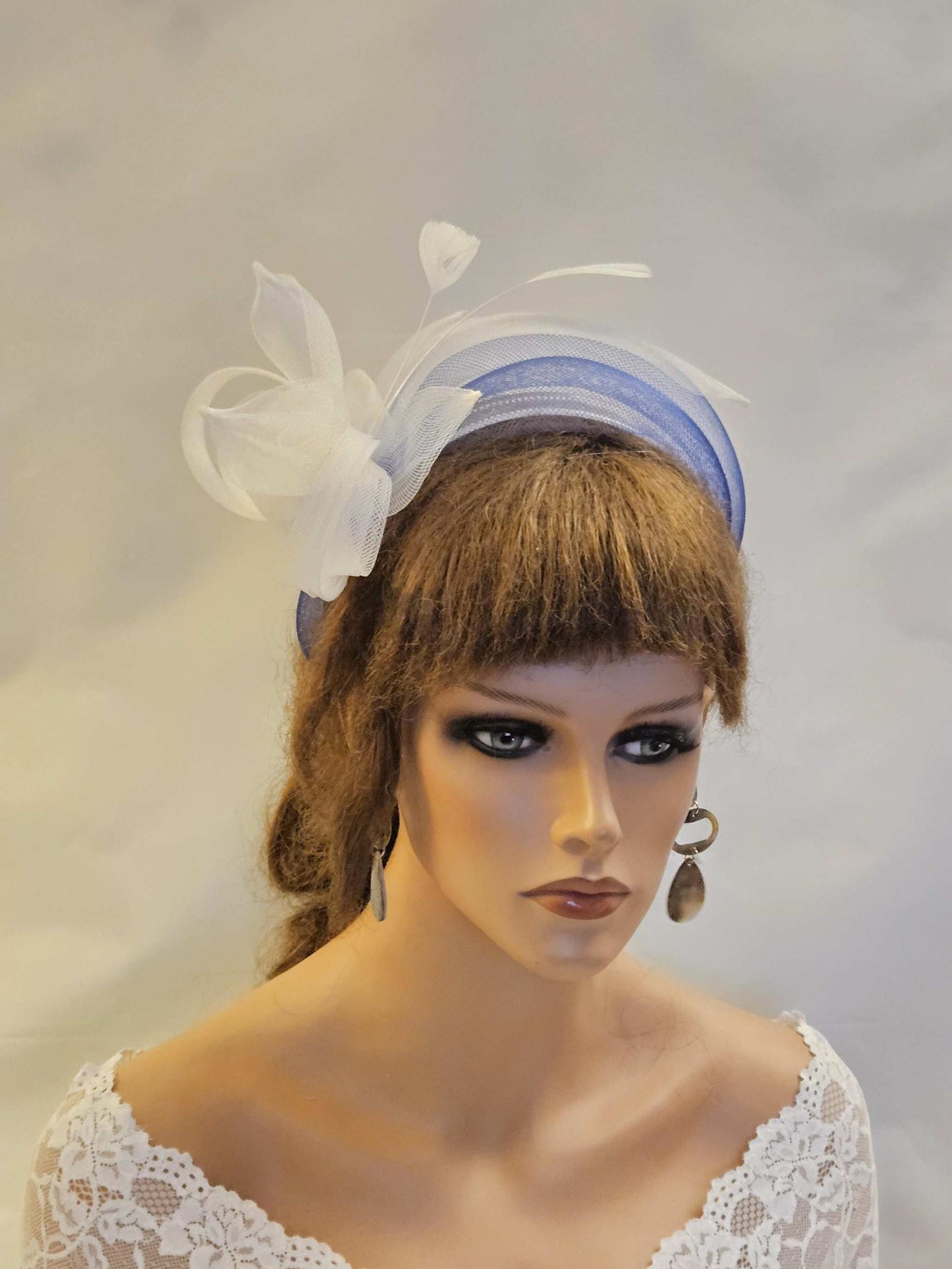 WHITE & NAVY Blue Crinoline HEADBAND Fascinator.Race,TeaParty, headpiece. Wedding guest,Mother of Bride Headdress