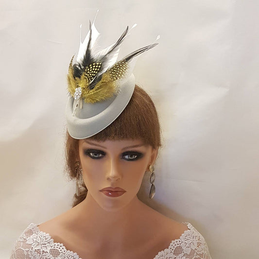 WHITE Fascinator Hat with Mustard Gold Black & White feathers.  Ascot Wedding Race headpiece Hatinator for Women. Cocktail party Fascinator