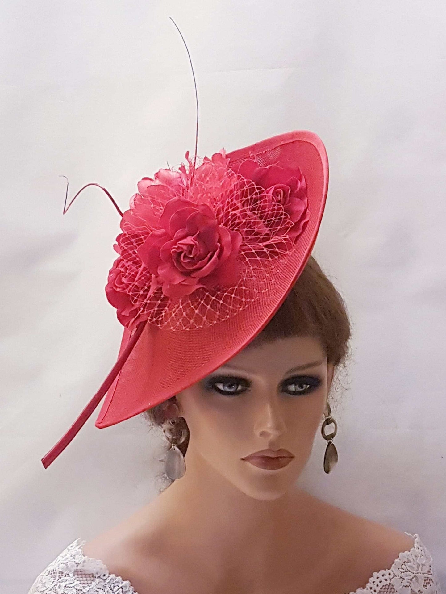Red Fascinator Hat with Netting, Feathers & Flowers. perfect for Formal Events