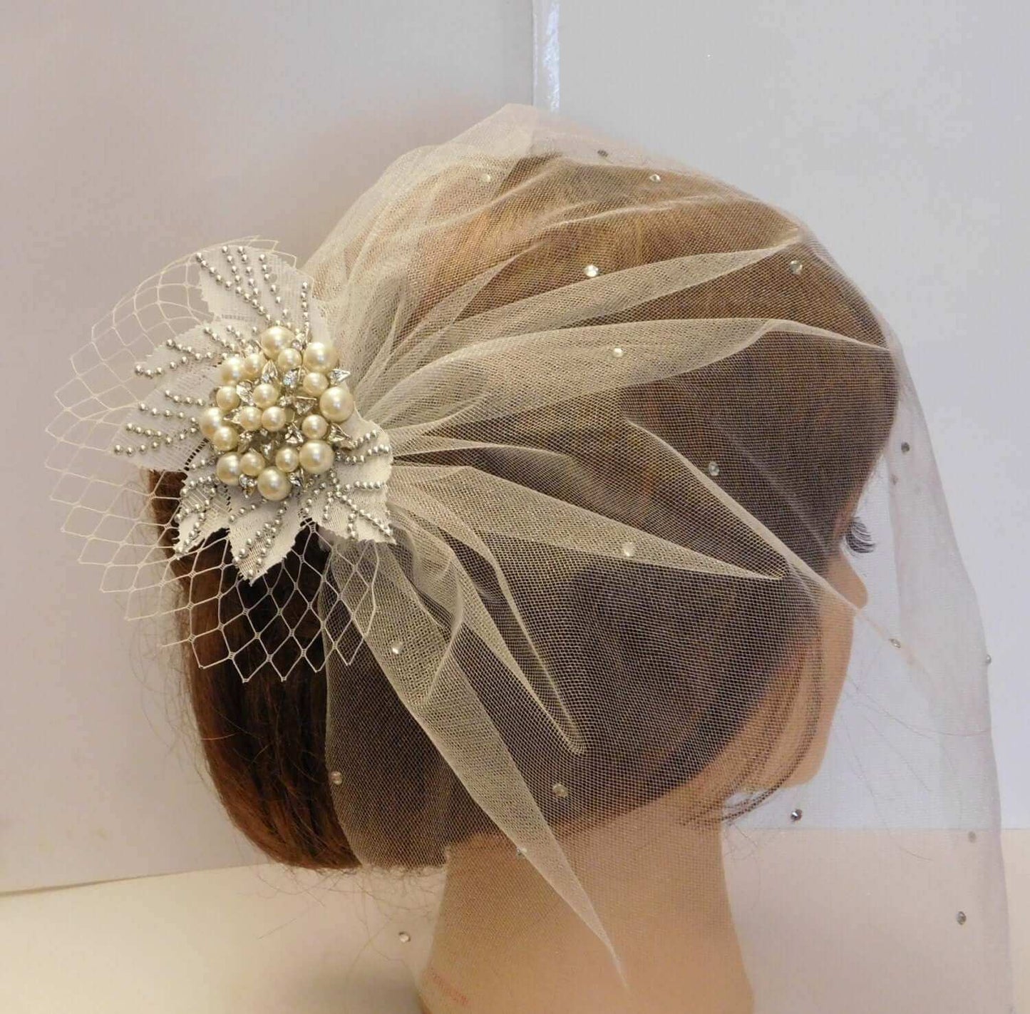 Bridal birdcage veil Blusher 1920s Boho Gatsby Wedding Floral Crystal Hair clip