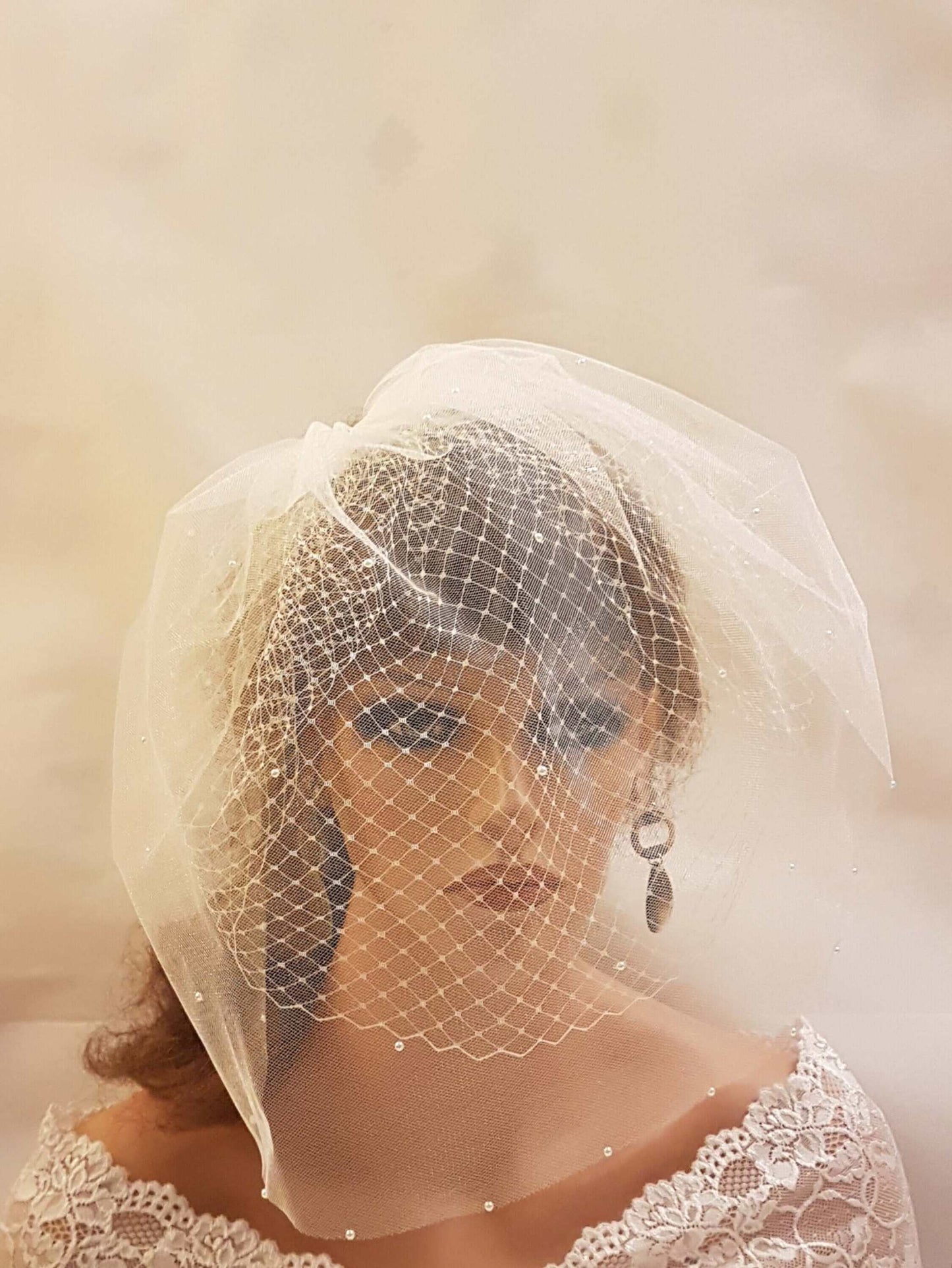 White ivory birdcage veil with lace, crystals, and pearls bridal hair accessory single or double layer blusher veil
