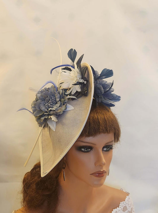 GRAY, NAVY & WHITE Floral Hat fascinator large Teardrop hatinator long Quil Church Derby Ascot Wedding hat Mother of Bride/Groom Hatinator