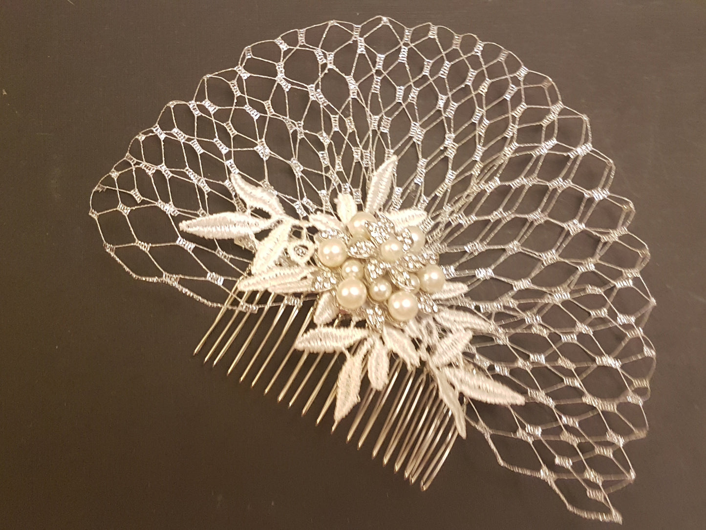 Bridal Hair Clip, Bridal Metalic SILVER French netting Hair Piece, Wedding Hair Accessory,Bridal Hair comb with leaf motif and crystal jewel