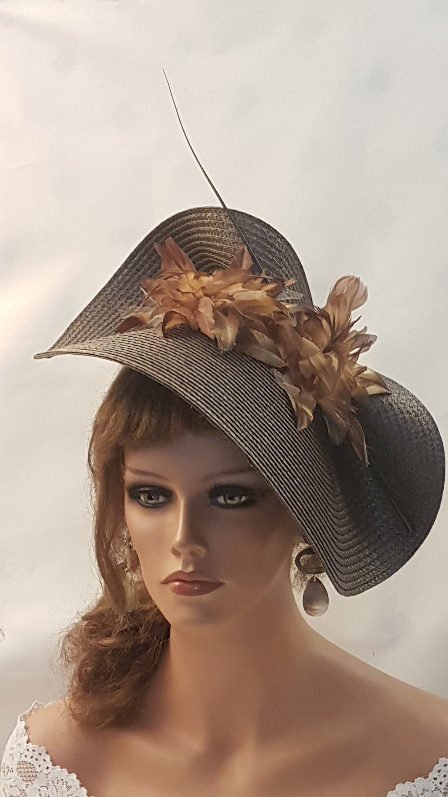 Brown hat fascinator large saucer hatinator long Quil Floral Church Derby Ascot Royal Wedding TeaParty hat Mother of Bride/Groom Hatinator