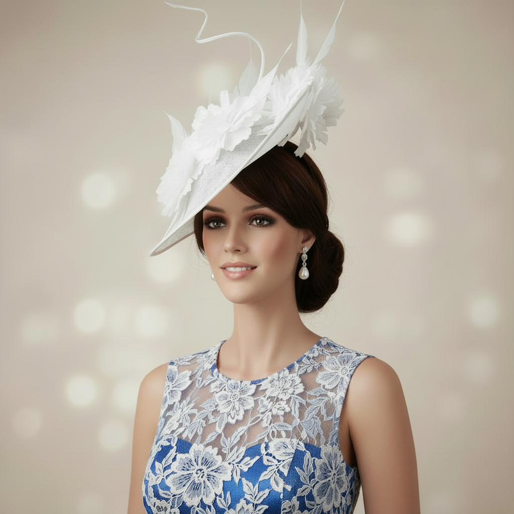 WHITE HAT FASCINATOR Feather Flower Large teardrop hat Race Cocktail Wedding Ascot Party Hat Fascinator Mother of bride/Groom hatinator