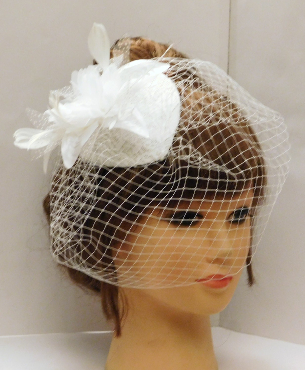 Birdcage veil Hat Fascinator, Bridal Ivory fascinator Wedding Race, Ascot hat, ladies cocktail hat, Birdcage veil Hat Fascinator