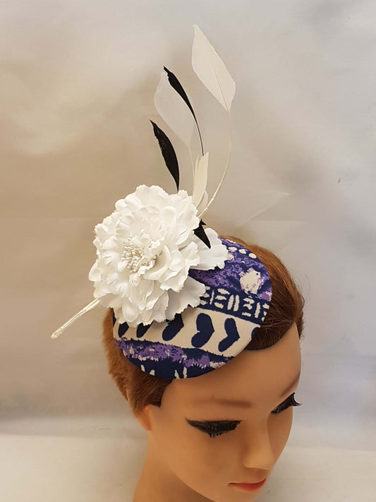 PURPLE PRINT Facinator White / Black Feather Floral Fascinator Hat Race Cocktail Hat Ascot Hat Cocktail hat Wedding headpiece