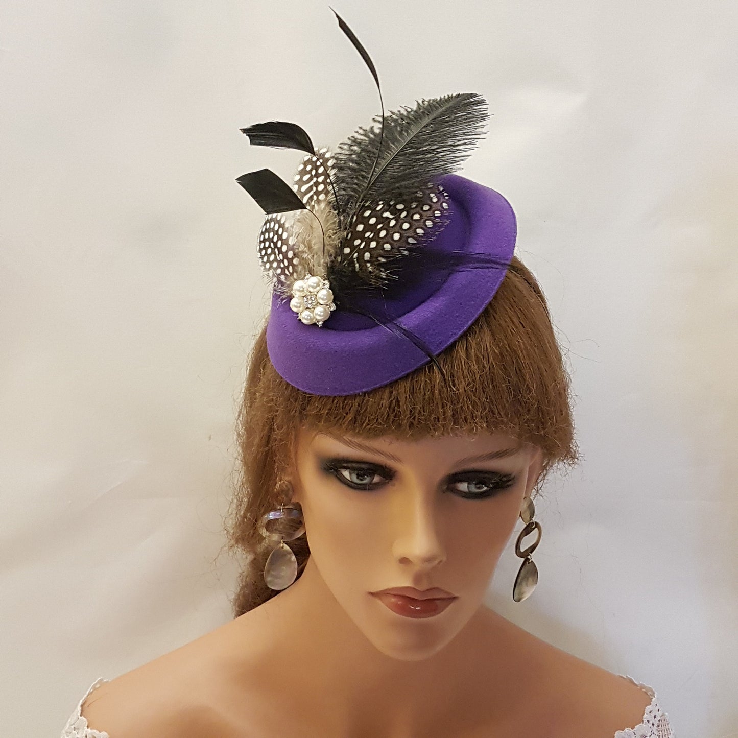 Purple Fascinator Hat Feathers & Pearl,Church,Special Occasion Women's Headpiece Handmade with Black Speckled Feathers Weddings Royal Ascot