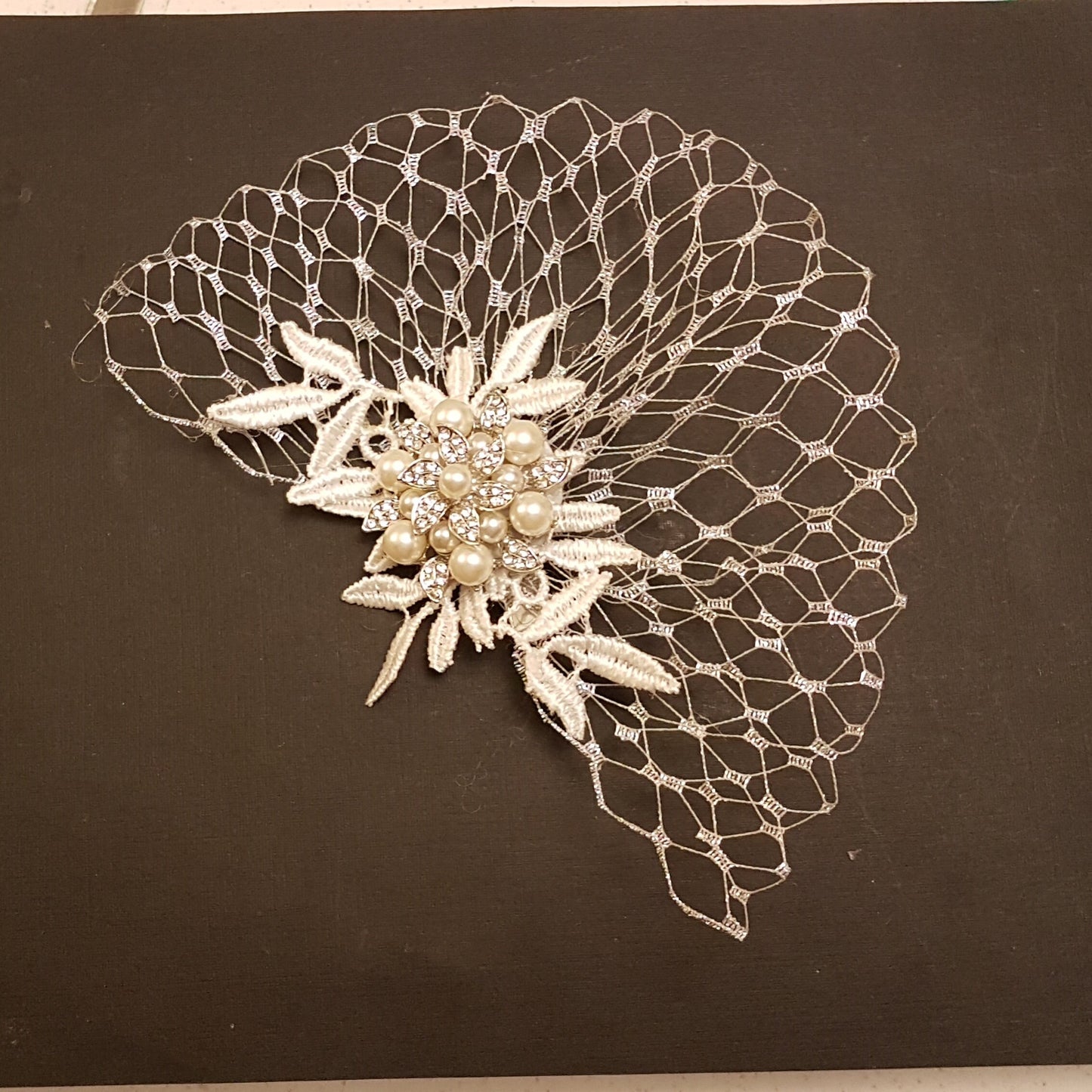 Bridal Hair Clip, Bridal Metalic SILVER French netting Hair Piece, Wedding Hair Accessory,Bridal Hair comb with leaf motif and crystal jewel