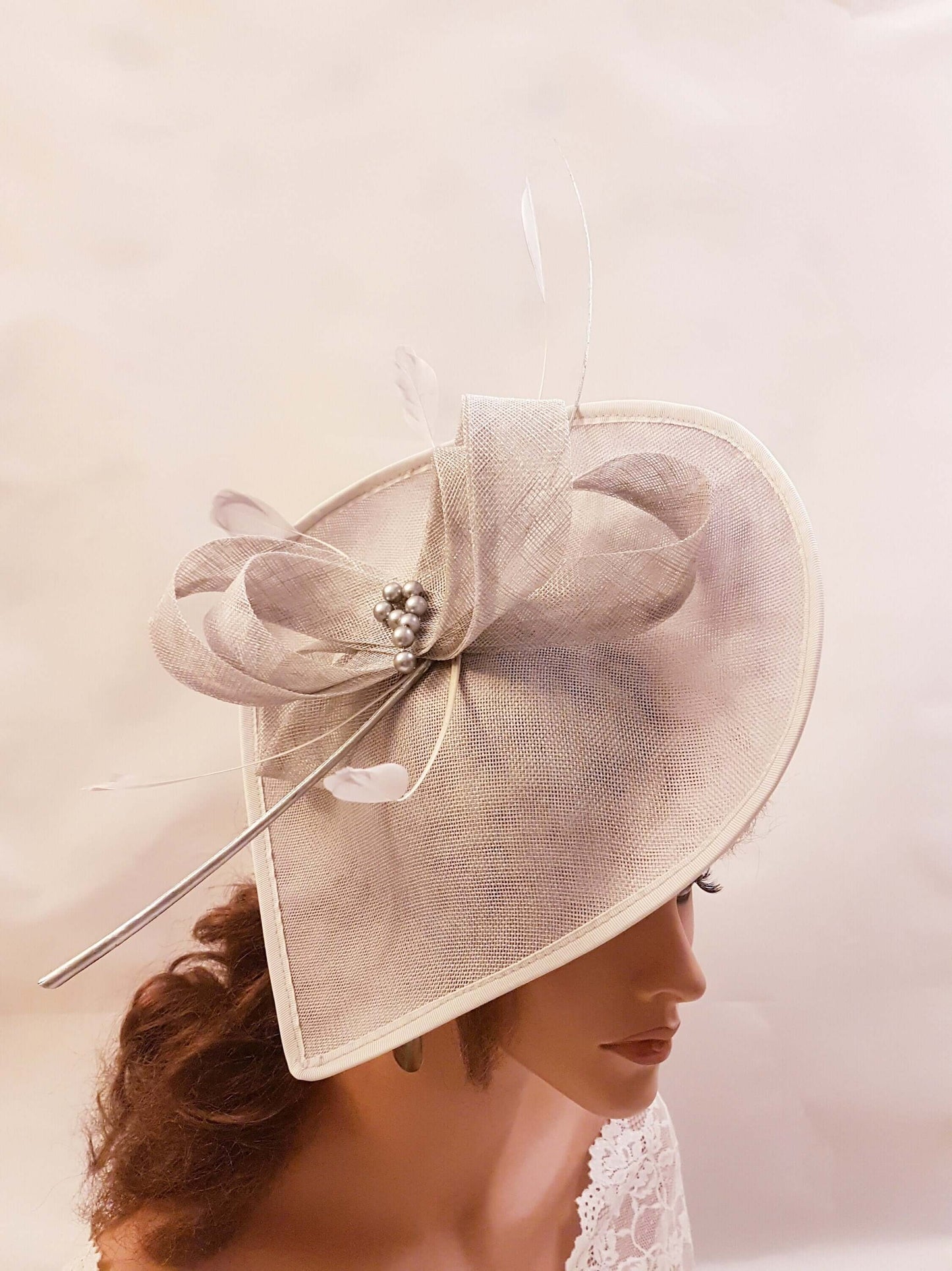 Pale Grey fascinator large Tear drop hatinator long Quil Floral Church Derby, Ascot, Wedding Party hat Mother of Bride/Groom Hatinator