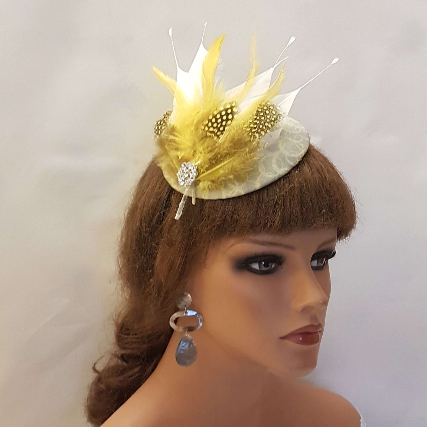 SAGE GREEN Fascinator with Spotty Mustard gold feathers and White feathers Church Ascot Wedding TeaPartyCocktail Ladies day hat fascinator