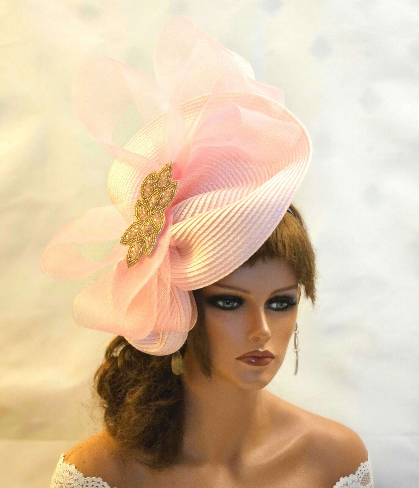 Large Blush Pink Wedding Hat Fascinator fascinator saucer hatinator with crystal beads, perfect for weddings, Derby, or church events.