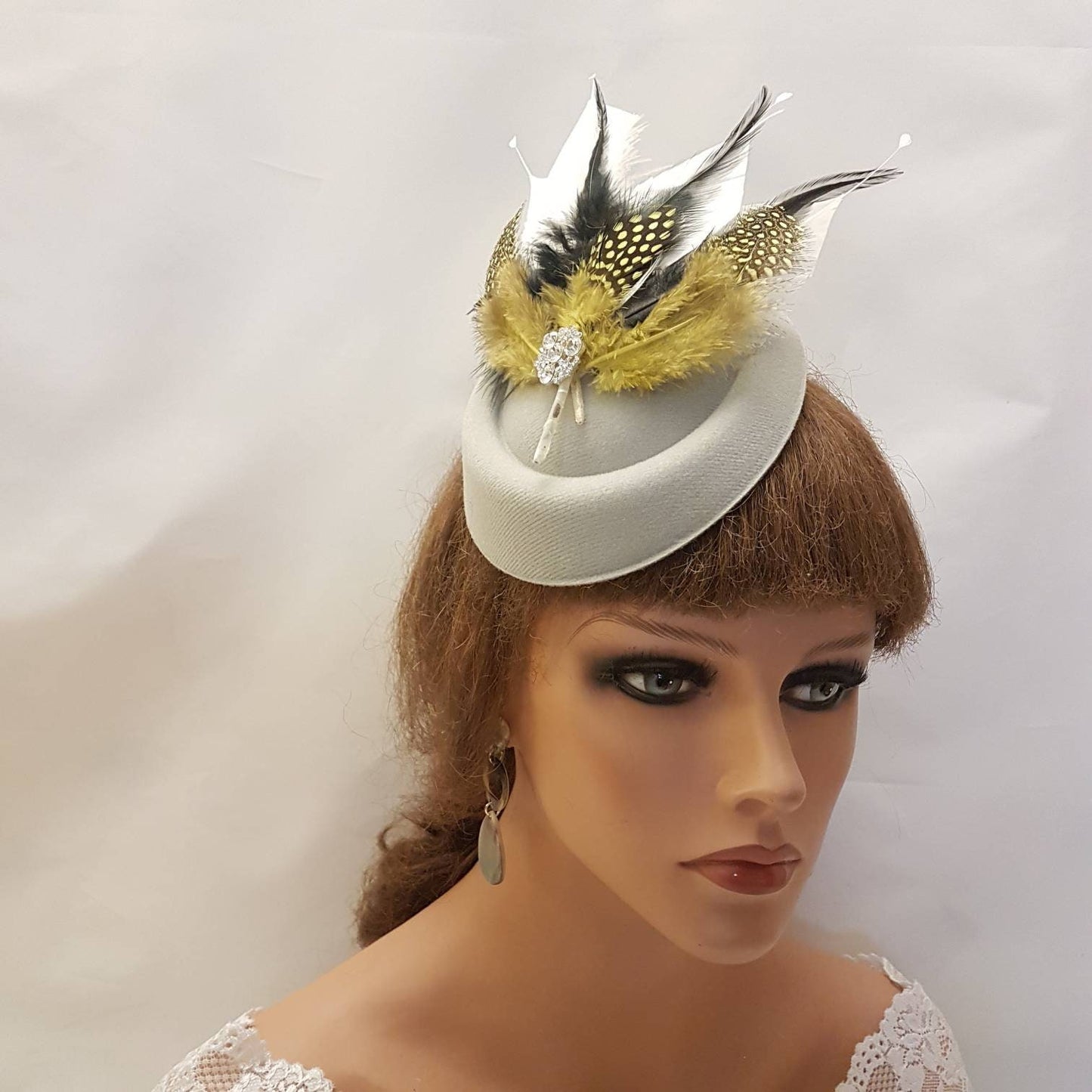 WHITE Fascinator Hat with Mustard Gold Black & White feathers. Ascot Wedding Race headpiece Hatinator for Women. Cocktail party Fascinator