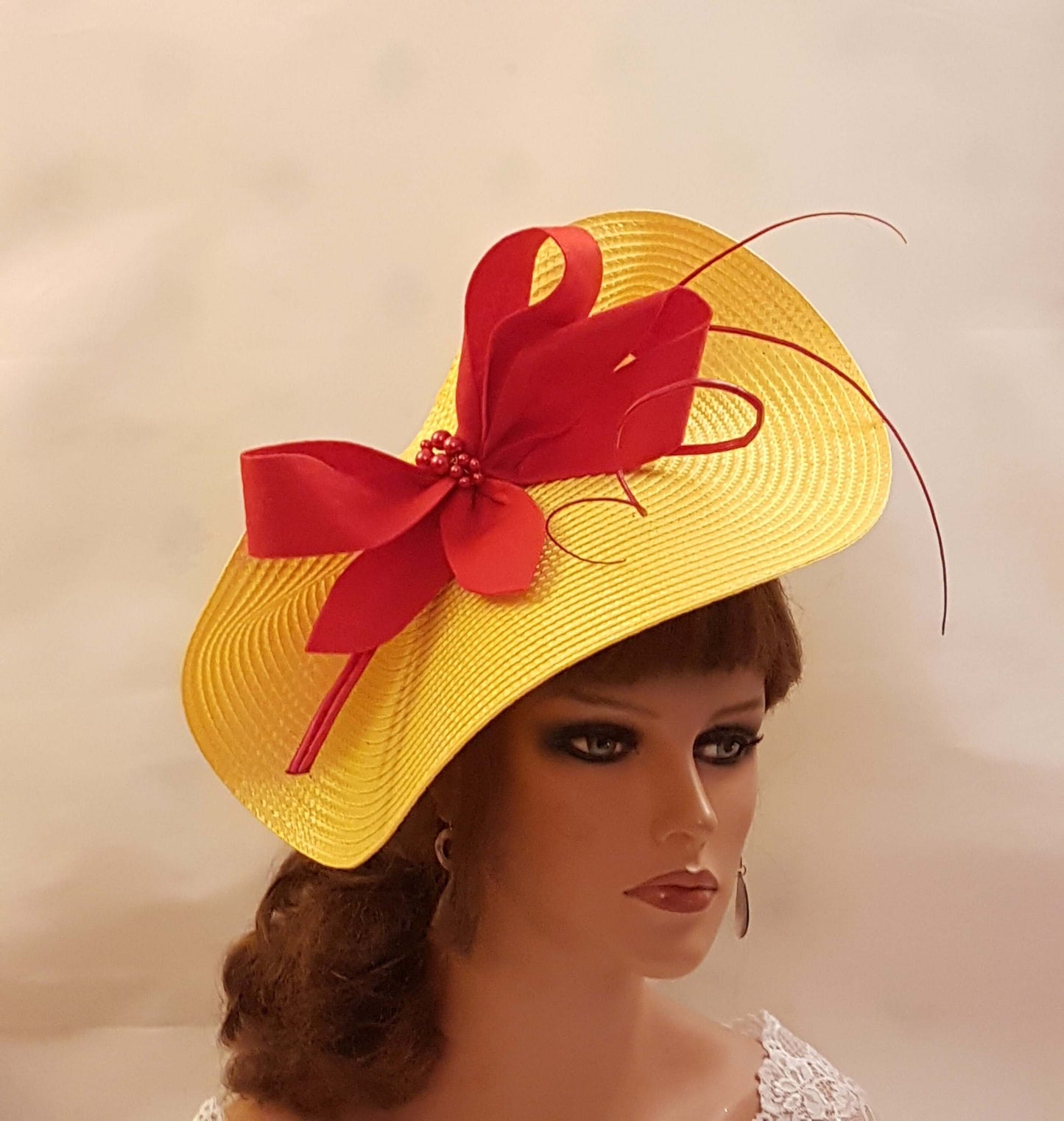 YELLOW & RED facinator Hat Large saucer hatinator long quil Floral Church Derby Ascot Wedding TeaParty hat Mother of Bride/Groom Hatinator