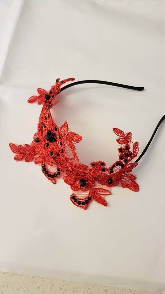 Red Headband Vintage Lace Headband /Aliceband Fascinator Party,Wedding,Womens headband Red Headband