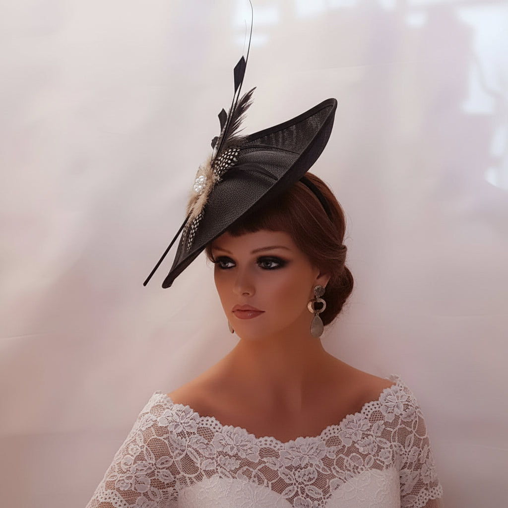 Black women's wedding hatinator fascinator with long quill ostrich and mixed feathers, pearl crystal detail, vintage Kentucky style