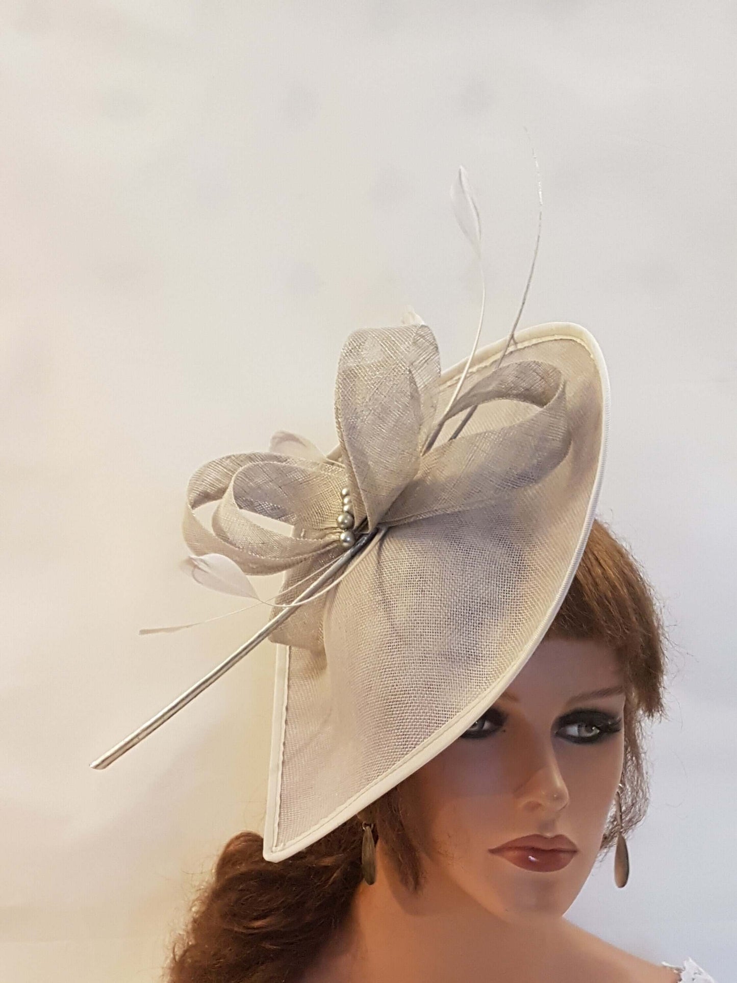 Pale Grey fascinator large Tear drop hatinator long Quil Floral Church Derby, Ascot, Wedding Party hat Mother of Bride/Groom Hatinator