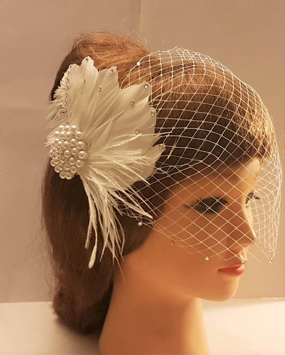 Bridal Feather fascinator & Birdcage veil White, Ivory,Blush Pink, Champagne
