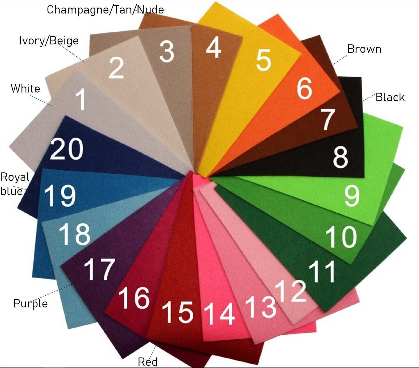 Color chart for custom fascinators showing 20 fabric options, including red, blue, purple, and more.