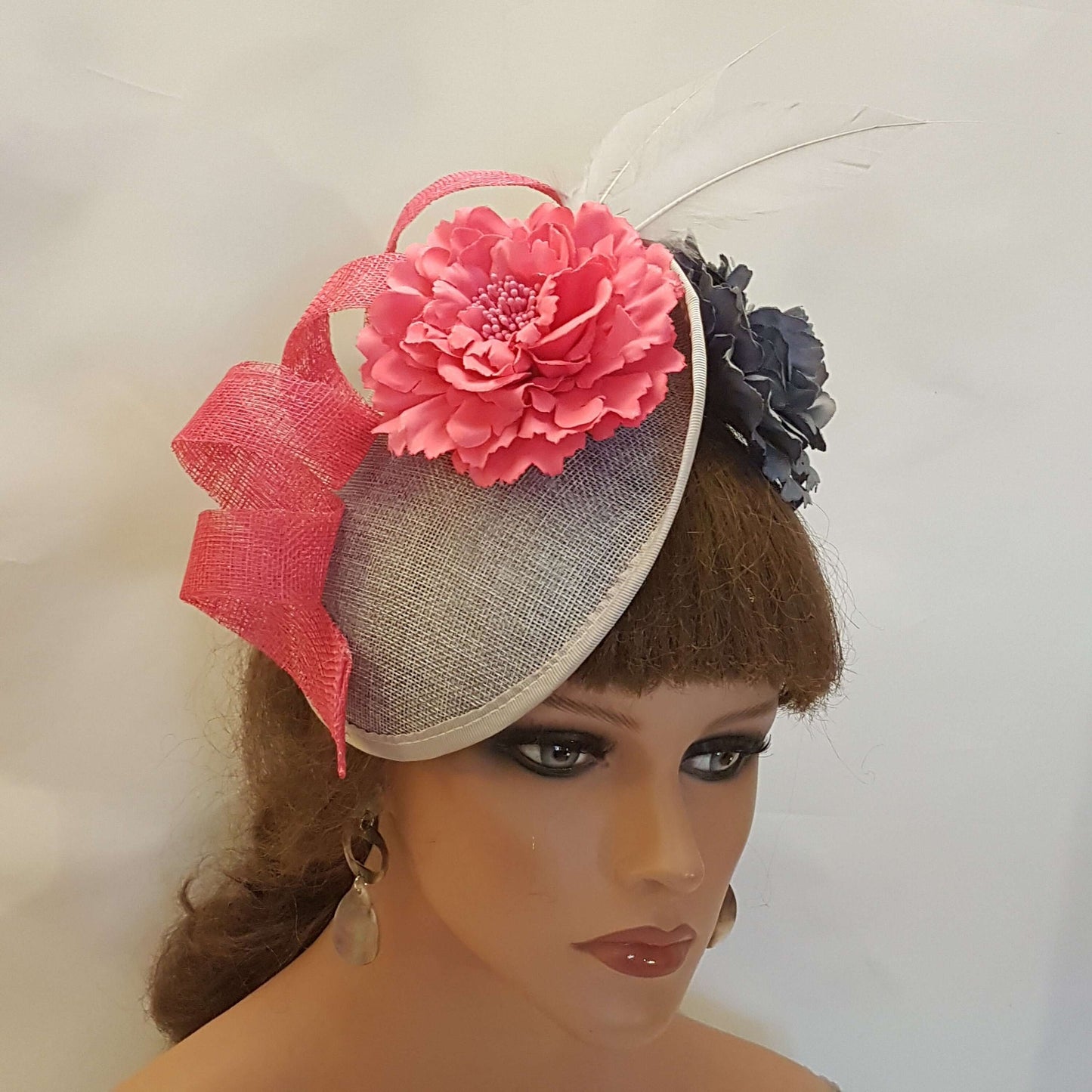 GREY & PINK Hat FASCINATOR with Feathers, Grey and Pink flowers Wedding,Mother of bride an Groom Derby,Ascot Cocktail Ladies hat fascinator