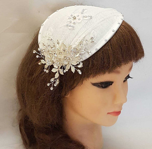 Bridal birdcage veil Hat Fascinator Wedding hat birdcage veil and teardrop hat fascinator in white ivory with crystal accents.