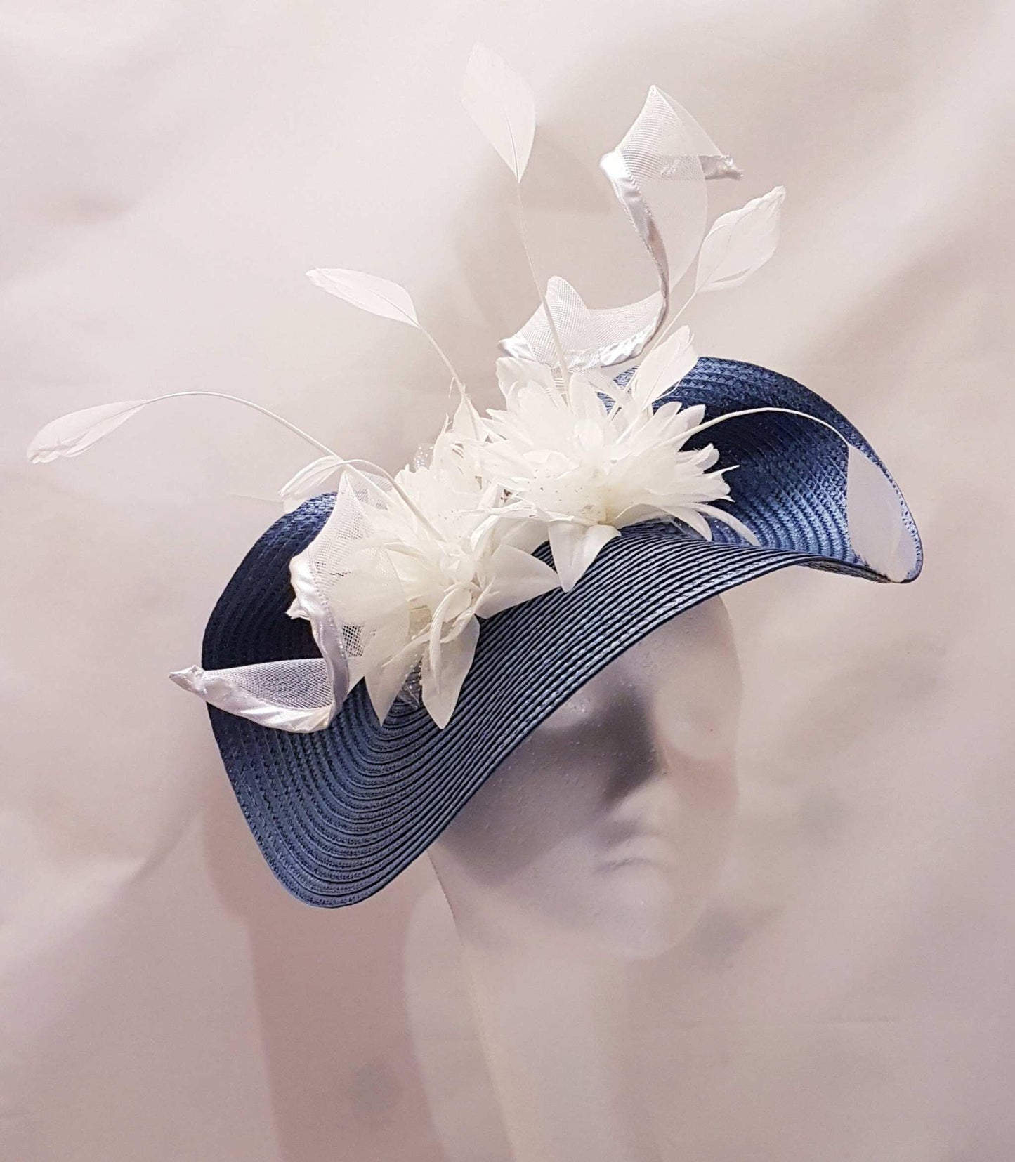 NAVY & WHITE Fascinator hat Silver or Gold edge crinoline swril Floral Hatinator