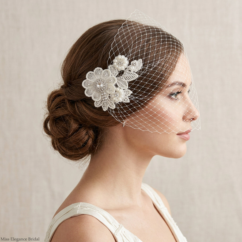 Birdcage Veil Bridal Blusher 1920s Boho Gatsby Crystal Hair Clip