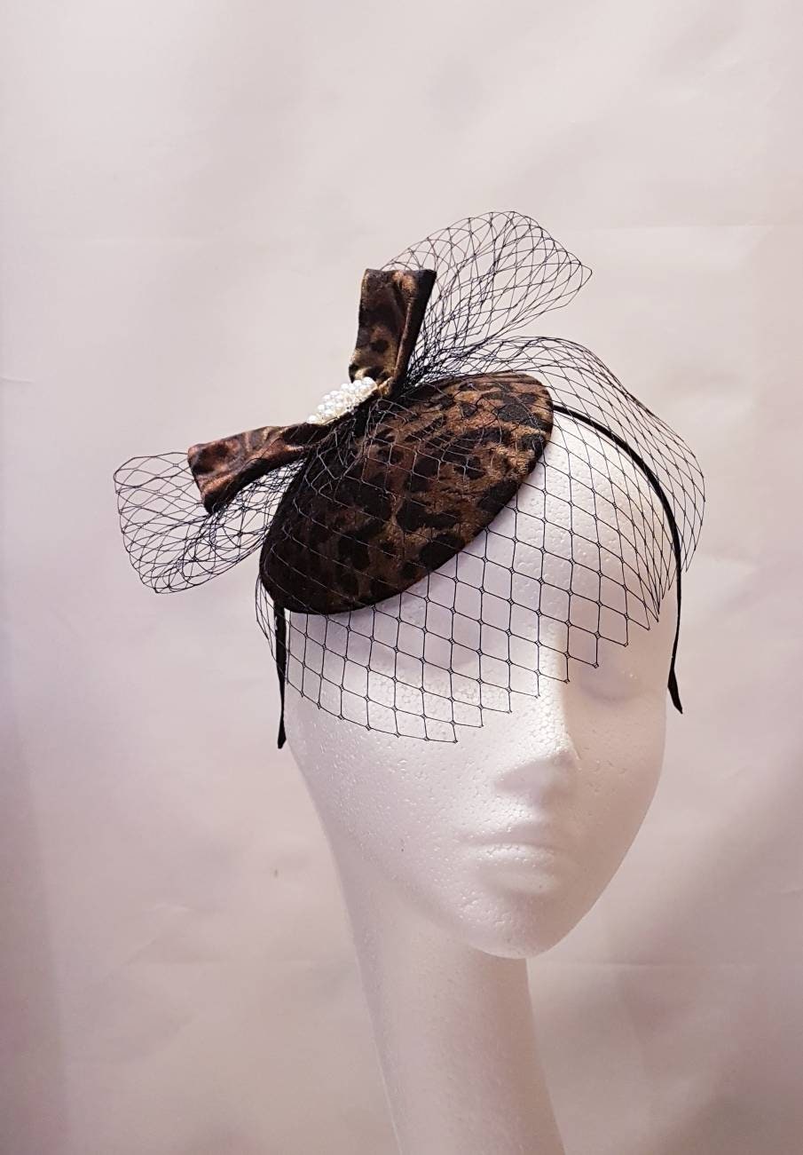 Lady Womens Dress Fascinator Velvet Hat Vintage 40s 50s Hat. Animal print Brown Hat fascinator birdcage veil Party Wedding ASCOT GOODWOOD