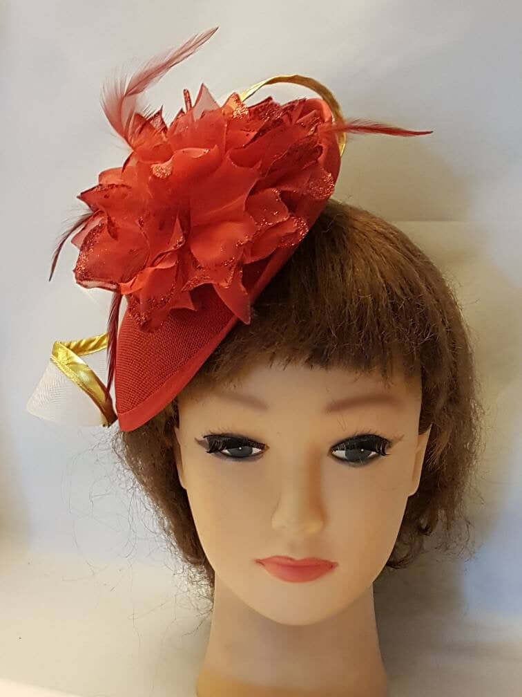 RED HAT Fascinator,#RED Hat Fascinator,Wedding Church Hat,Fascinator Hat,Goodwood Cocktail Ascot Hat Feather Hat Fascinator Gold edge Swirl