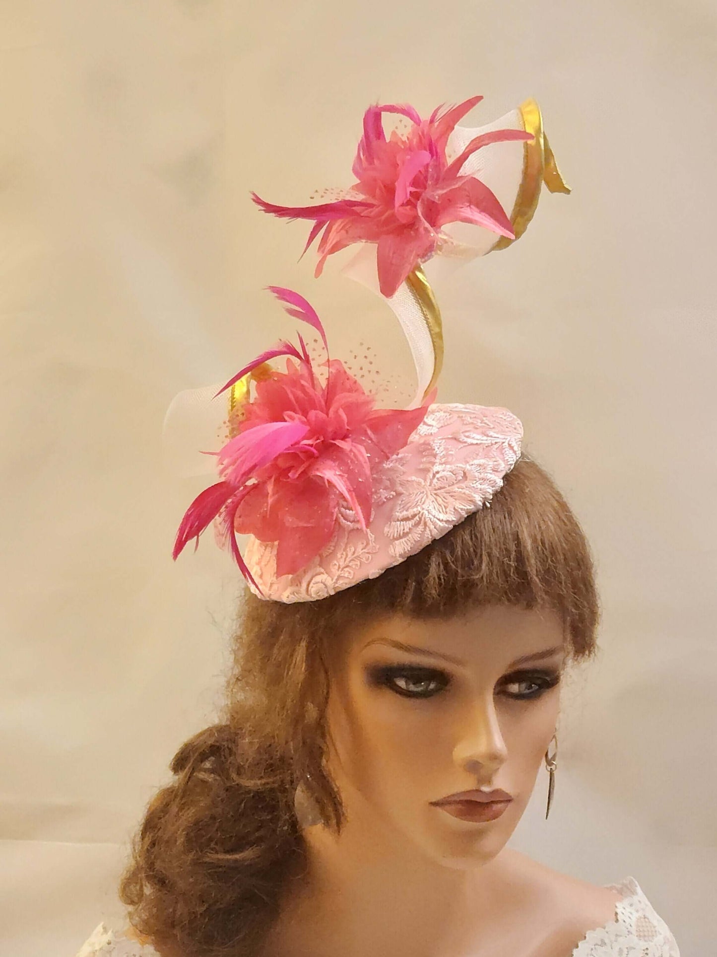 PINK HAT FASCINATOR with Gold edge swirl Wedding.Kentucky derby,Ascot hatiinator