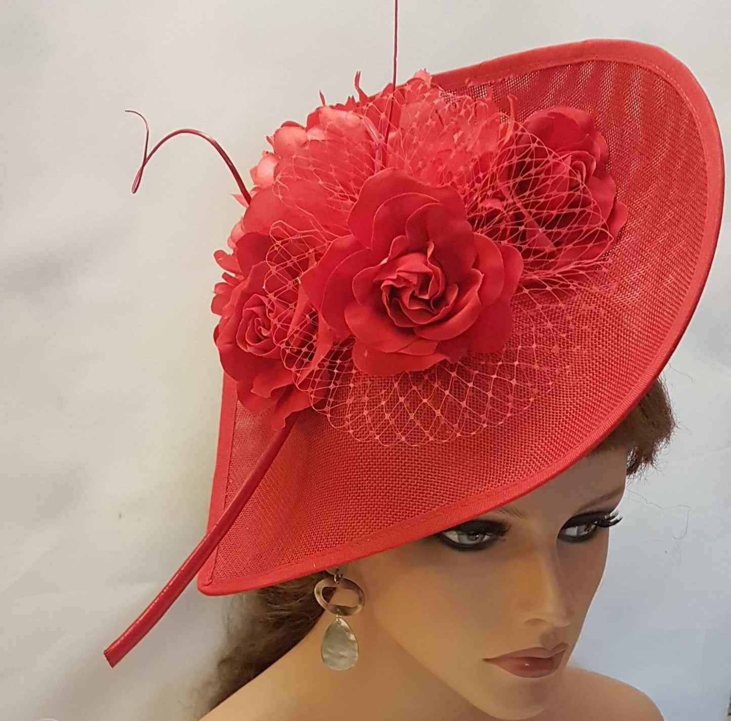 Red Fascinator Hat with Netting, Feathers & Flowers. perfect for Formal Events