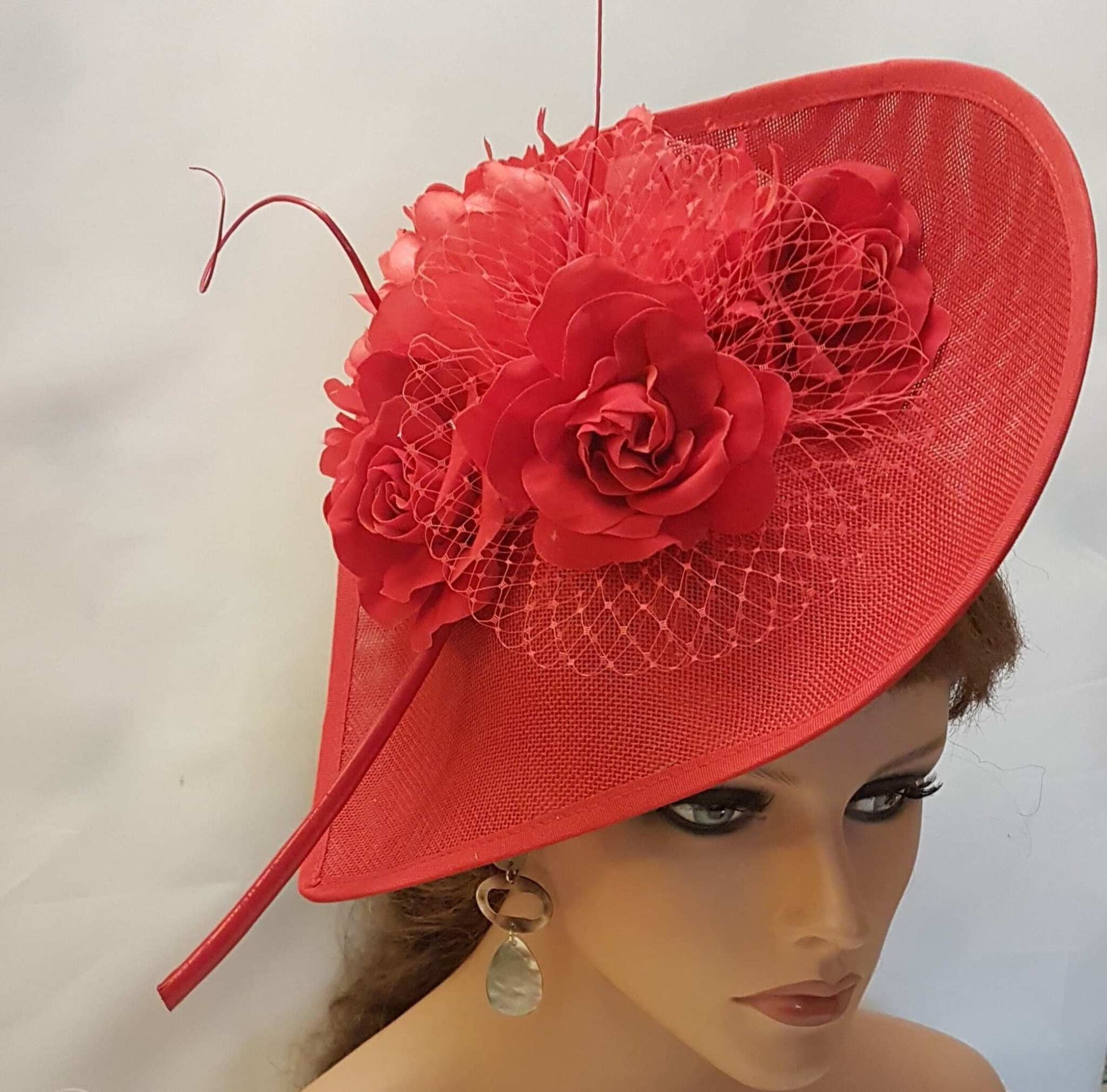 Red Fascinator Hat with Netting, Feathers & Flowers. perfect for Formal Events